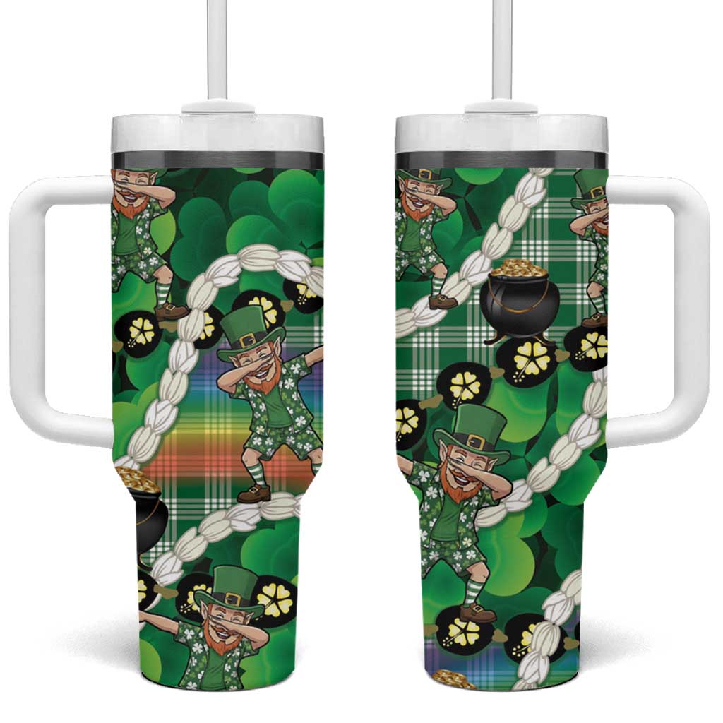 St Patrick's Day Palaka Hawaii Tumbler With Handle Kukui Nut Pikake Lei Shamrock Dabbing Leprechaun LT14 One Size: 40 oz Green - Polynesian Pride