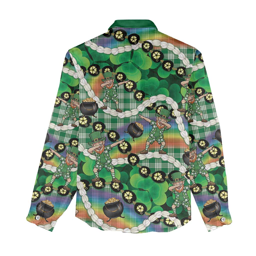 St Patrick's Day Palaka Hawaii Women Casual Shirt Kukui Nut Pikake Lei Shamrock Dabbing Leprechaun