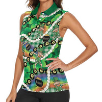 St Patrick's Day Palaka Hawaii Women Sleeveless Polo Shirt Kukui Nut Pikake Lei Shamrock Dabbing Leprechaun LT14 - Polynesian Pride