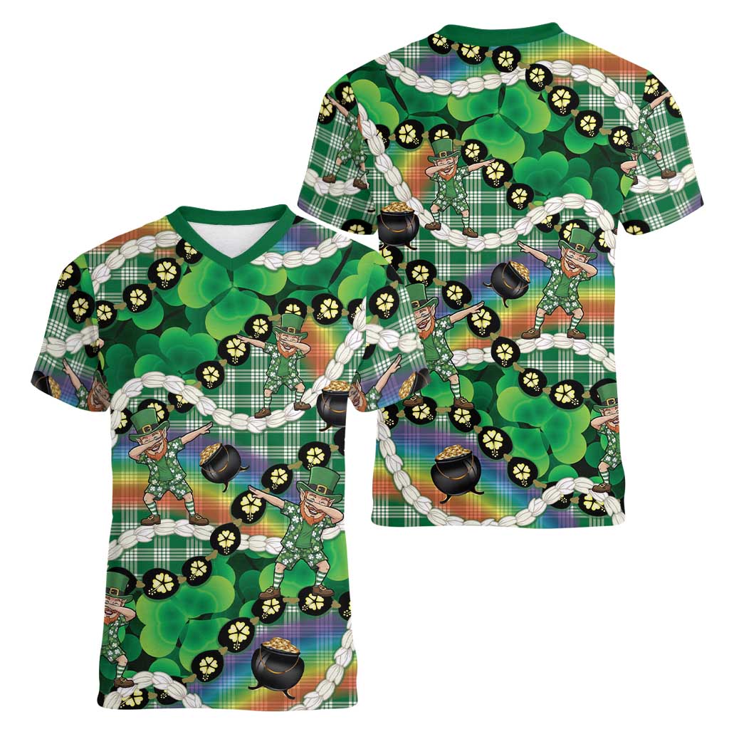 St Patrick's Day Palaka Hawaii Women V-Neck T-Shirt Kukui Nut Pikake Lei Shamrock Dabbing Leprechaun LT14 - Polynesian Pride