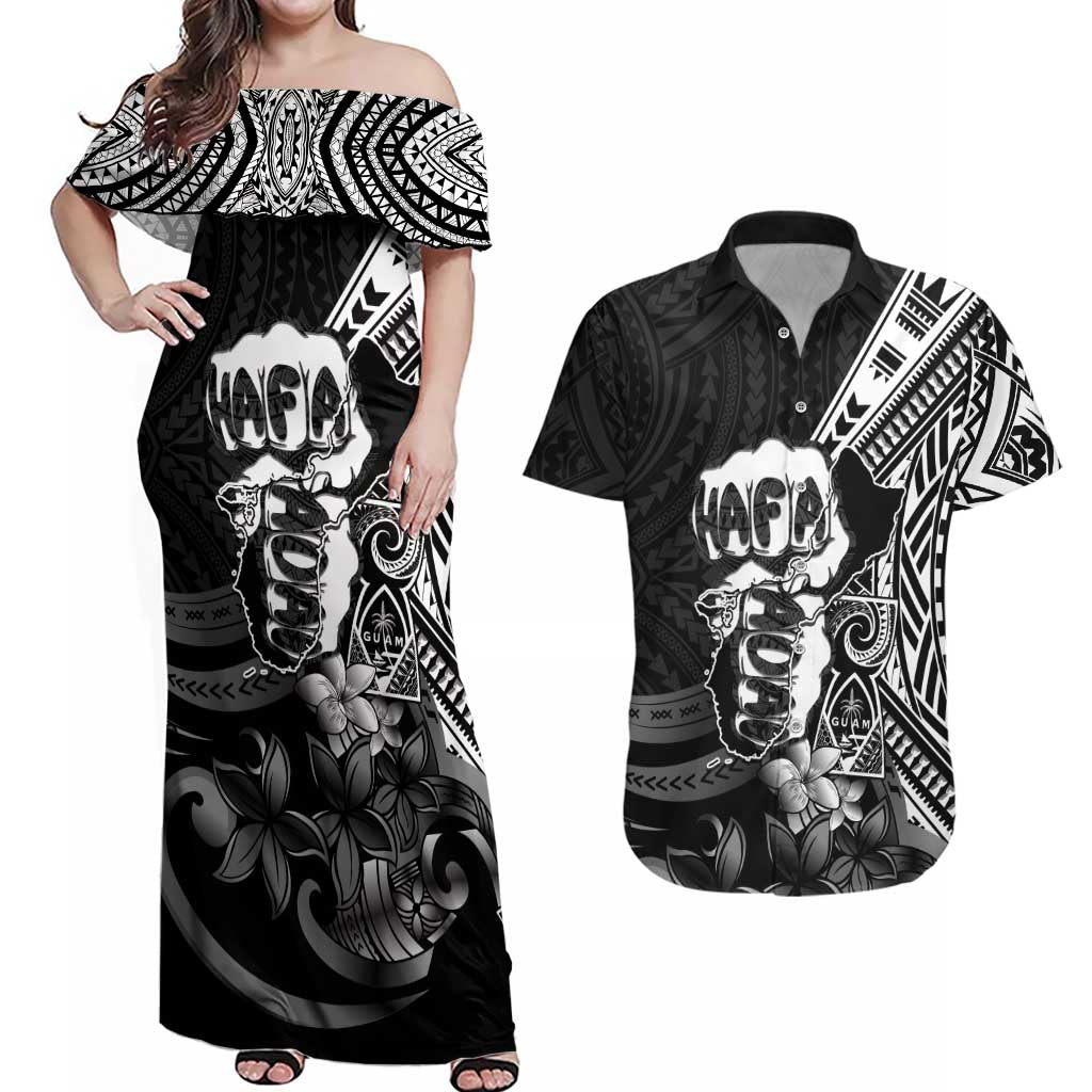 Hafa Adai Guam Discovery Day Couples Matching Off Shoulder Maxi Dress and Hawaiian Shirt Chamorro Latte Stone Hand Black Version LT14 Black - Polynesian Pride