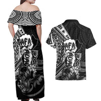 Hafa Adai Guam Discovery Day Couples Matching Off Shoulder Maxi Dress and Hawaiian Shirt Chamorro Latte Stone Hand Black Version LT14 - Polynesian Pride