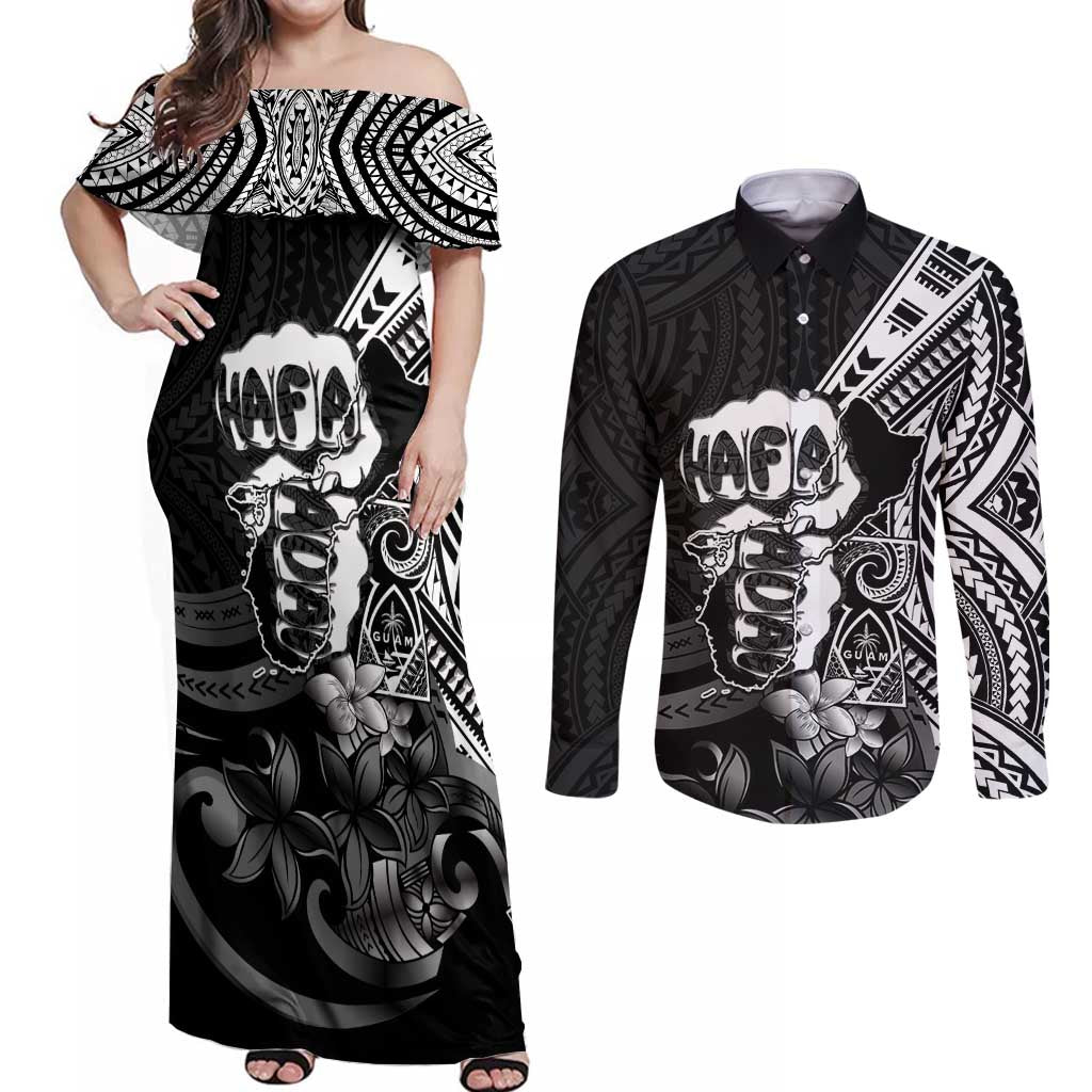 Hafa Adai Guam Discovery Day Couples Matching Off Shoulder Maxi Dress and Long Sleeve Button Shirt Chamorro Latte Stone Hand Black Version