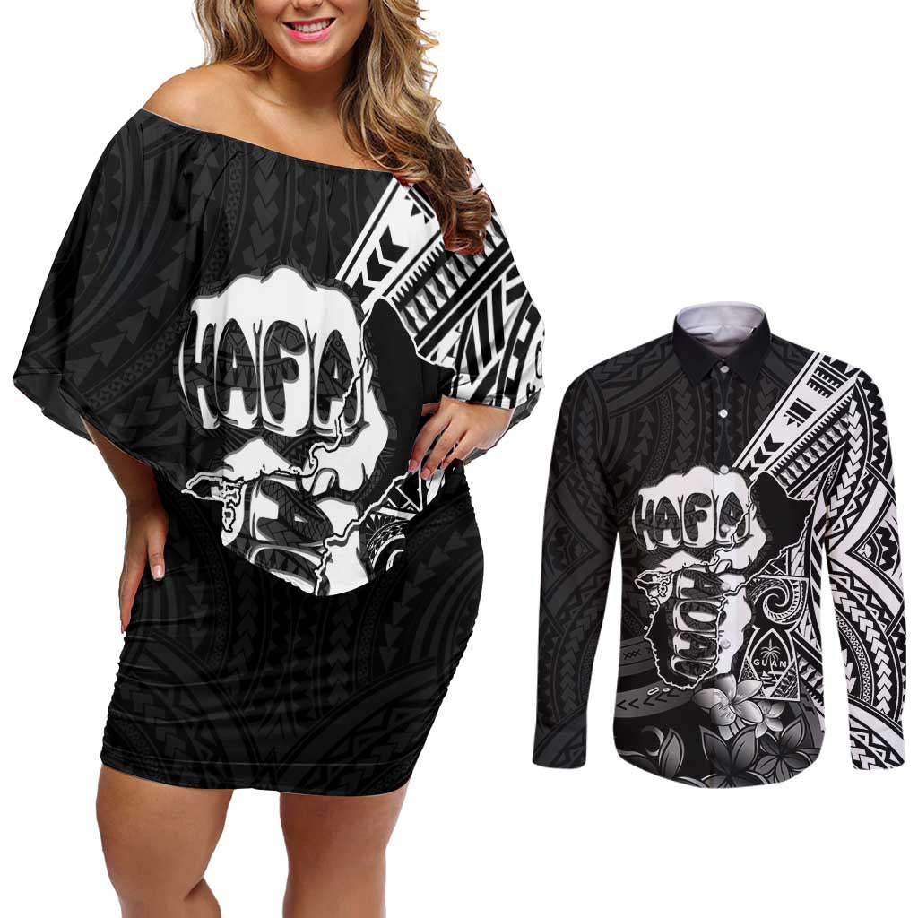 Hafa Adai Guam Discovery Day Couples Matching Off Shoulder Short Dress and Long Sleeve Button Shirt Chamorro Latte Stone Hand Black Version