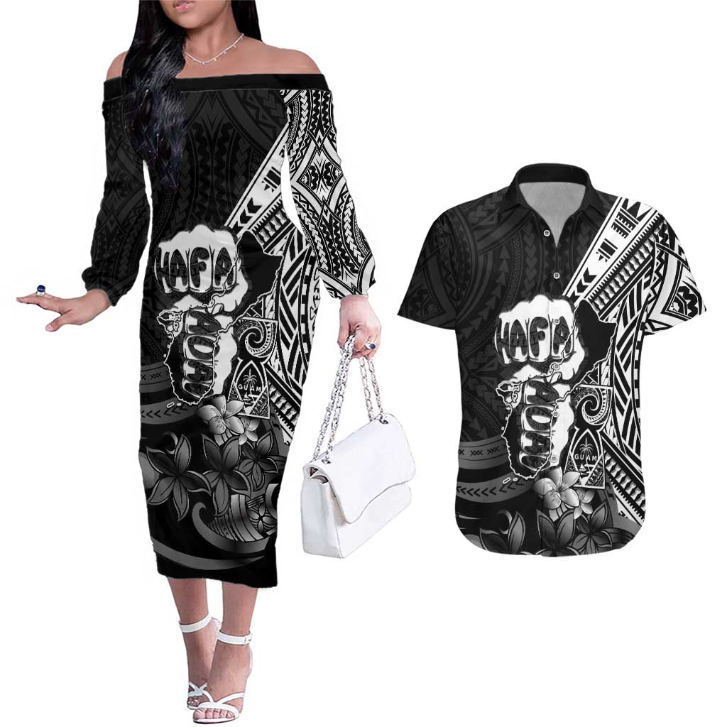 Hafa Adai Guam Discovery Day Couples Matching Off The Shoulder Long Sleeve Dress and Hawaiian Shirt Chamorro Latte Stone Hand Black Version