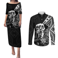 Hafa Adai Guam Discovery Day Couples Matching Puletasi and Long Sleeve Button Shirt Chamorro Latte Stone Hand Black Version