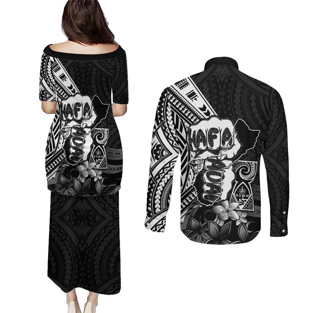 Hafa Adai Guam Discovery Day Couples Matching Puletasi and Long Sleeve Button Shirt Chamorro Latte Stone Hand Black Version