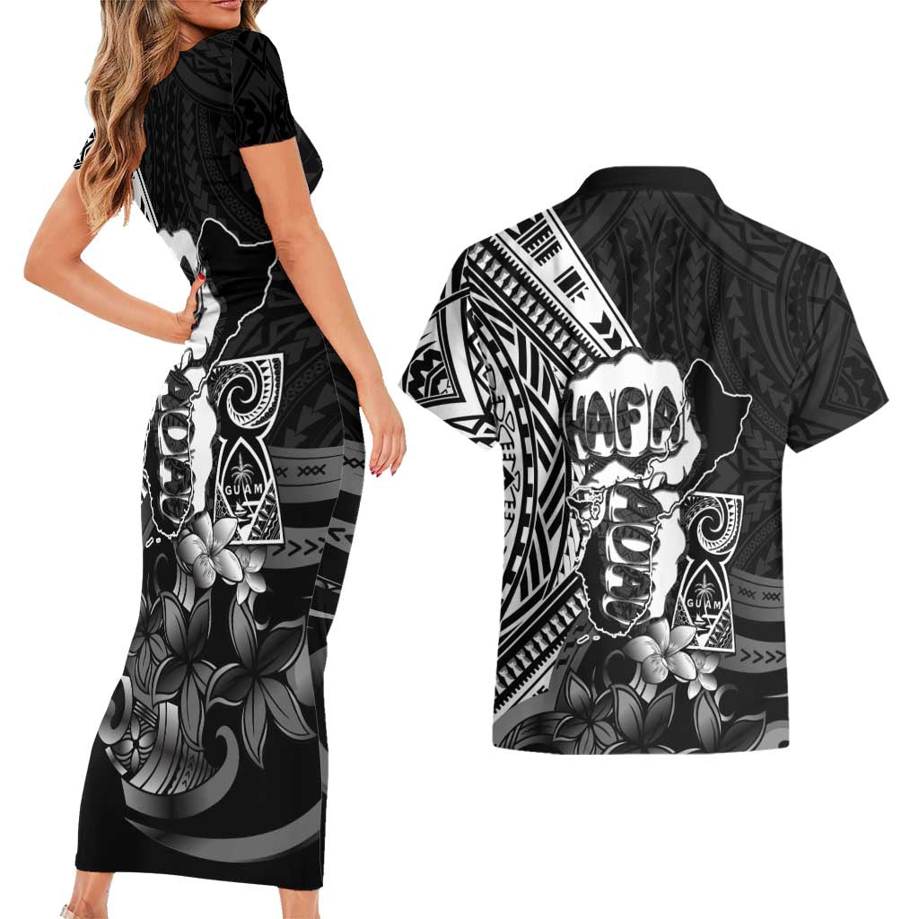 Hafa Adai Guam Discovery Day Couples Matching Short Sleeve Bodycon Dress and Hawaiian Shirt Chamorro Latte Stone Hand Black Version LT14 - Polynesian Pride