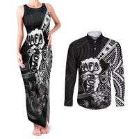 Hafa Adai Guam Discovery Day Couples Matching Tank Maxi Dress and Long Sleeve Button Shirt Chamorro Latte Stone Hand Black Version