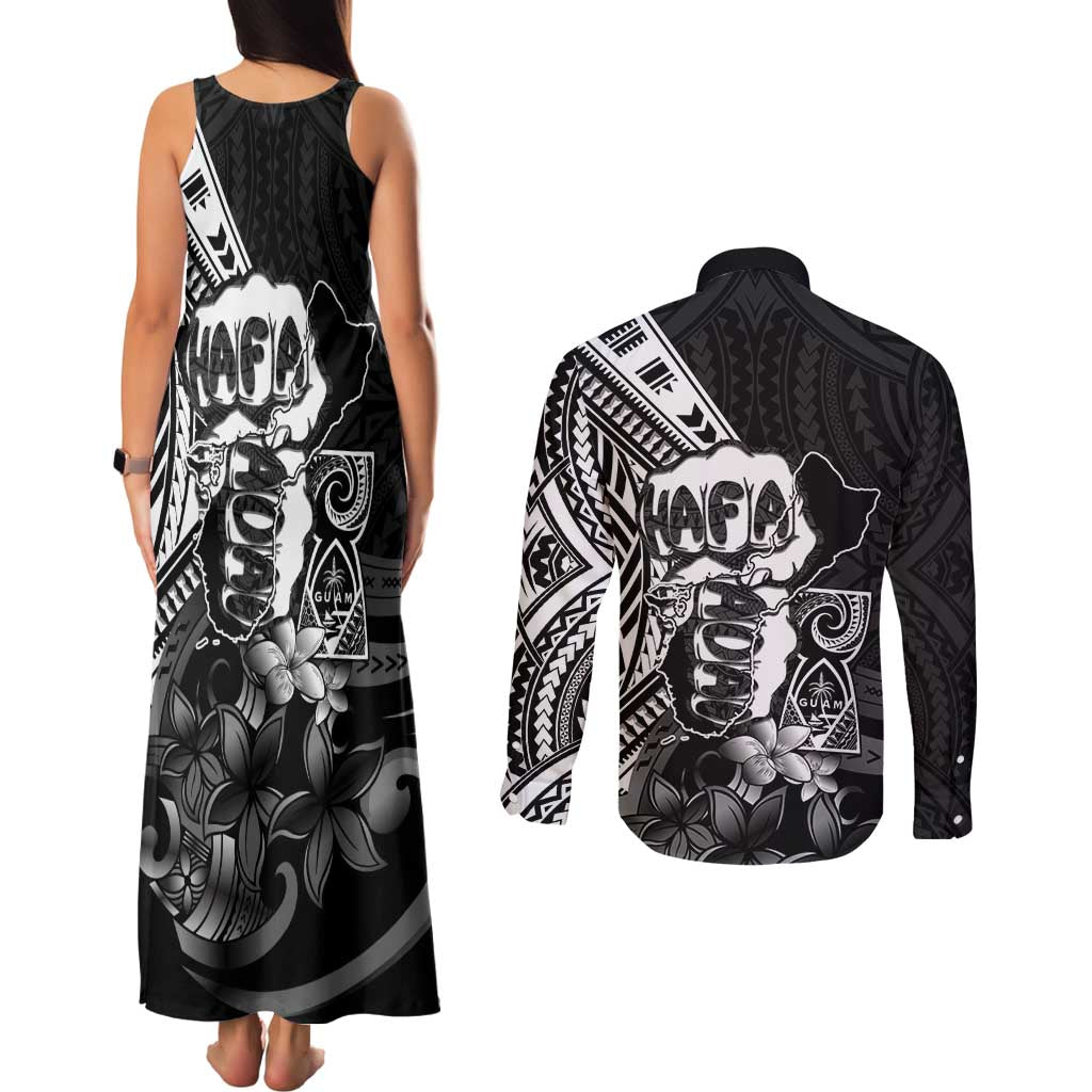 Hafa Adai Guam Discovery Day Couples Matching Tank Maxi Dress and Long Sleeve Button Shirt Chamorro Latte Stone Hand Black Version