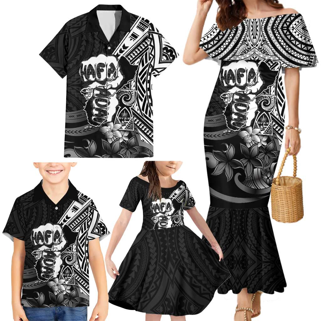 Hafa Adai Guam Discovery Day Family Matching Mermaid Dress and Hawaiian Shirt Chamorro Latte Stone Hand Black Version