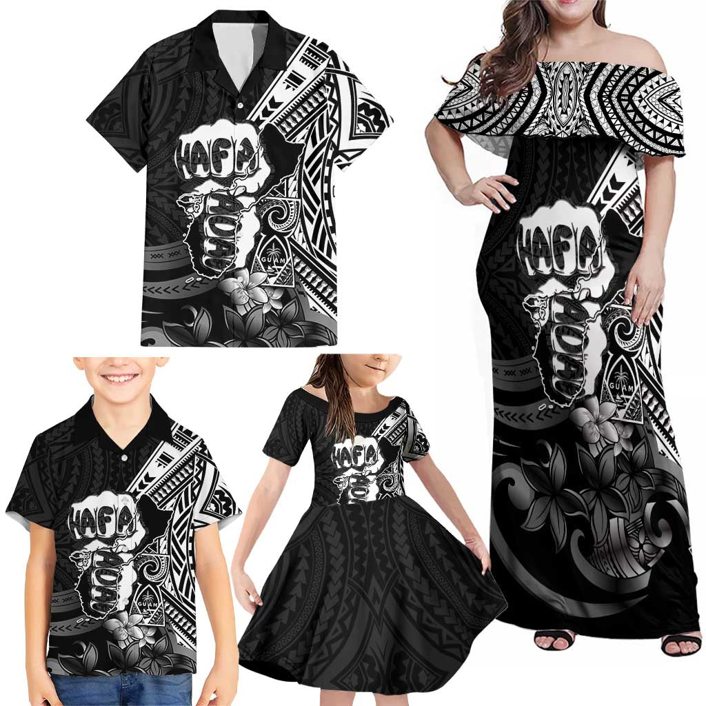Hafa Adai Guam Discovery Day Family Matching Off Shoulder Maxi Dress and Hawaiian Shirt Chamorro Latte Stone Hand Black Version LT14 - Polynesian Pride