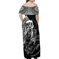Hafa Adai Guam Discovery Day Family Matching Off Shoulder Maxi Dress and Hawaiian Shirt Chamorro Latte Stone Hand Black Version LT14 - Polynesian Pride