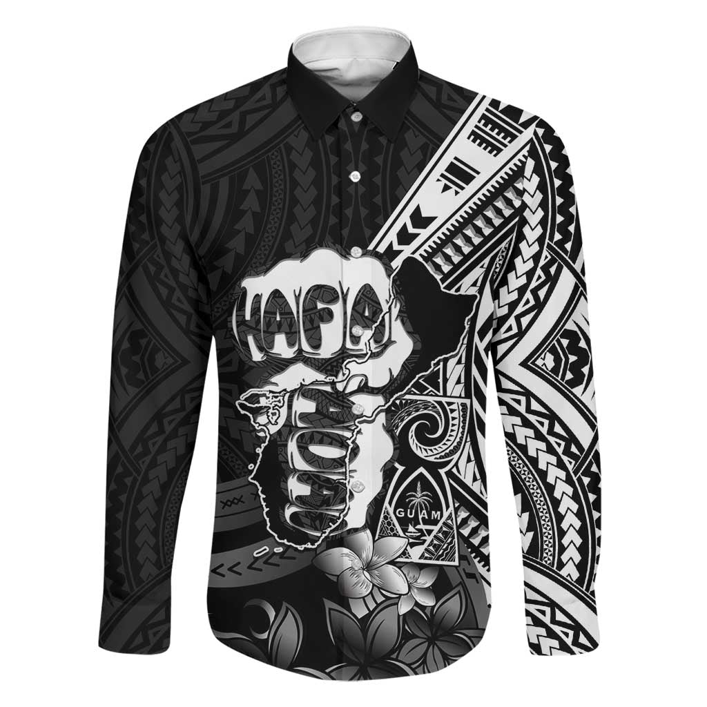 Hafa Adai Guam Discovery Day Family Matching Off Shoulder Short Dress and Hawaiian Shirt Chamorro Latte Stone Hand Black Version LT14 Dad's Shirt - Long Sleeve Black - Polynesian Pride