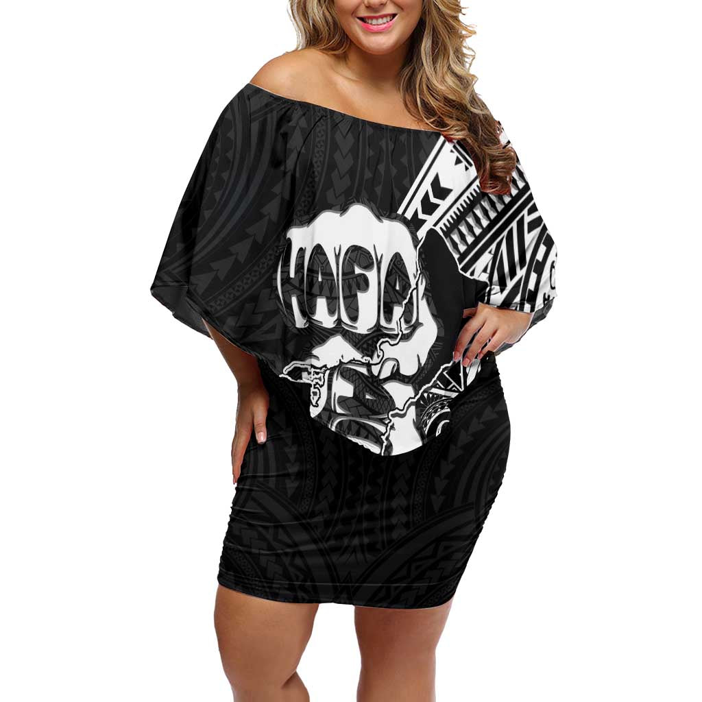 Hafa Adai Guam Discovery Day Family Matching Off Shoulder Short Dress and Hawaiian Shirt Chamorro Latte Stone Hand Black Version LT14 Mom's Dress Black - Polynesian Pride
