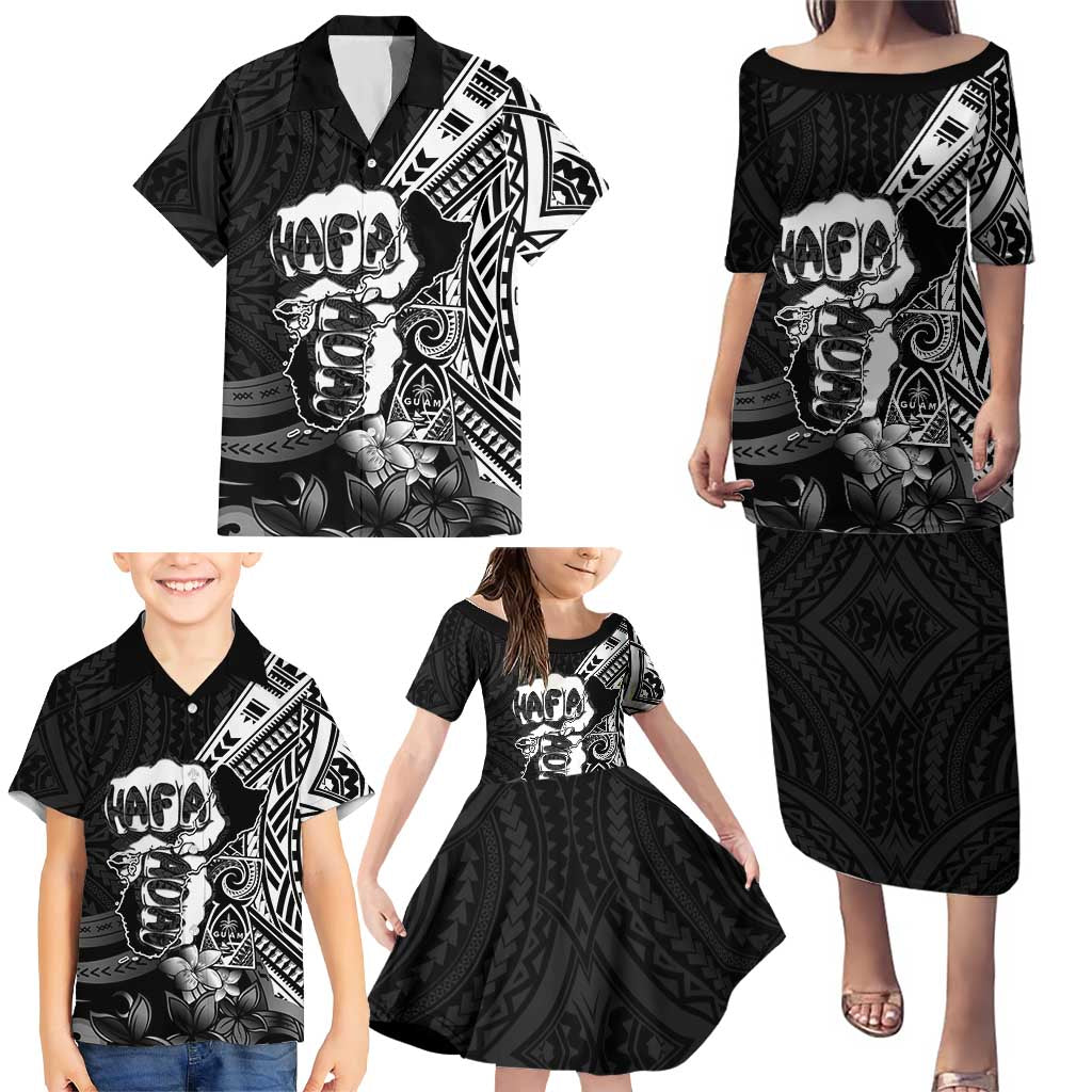 Hafa Adai Guam Discovery Day Family Matching Puletasi and Hawaiian Shirt Chamorro Latte Stone Hand Black Version