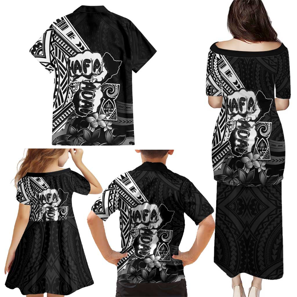 Hafa Adai Guam Discovery Day Family Matching Puletasi and Hawaiian Shirt Chamorro Latte Stone Hand Black Version