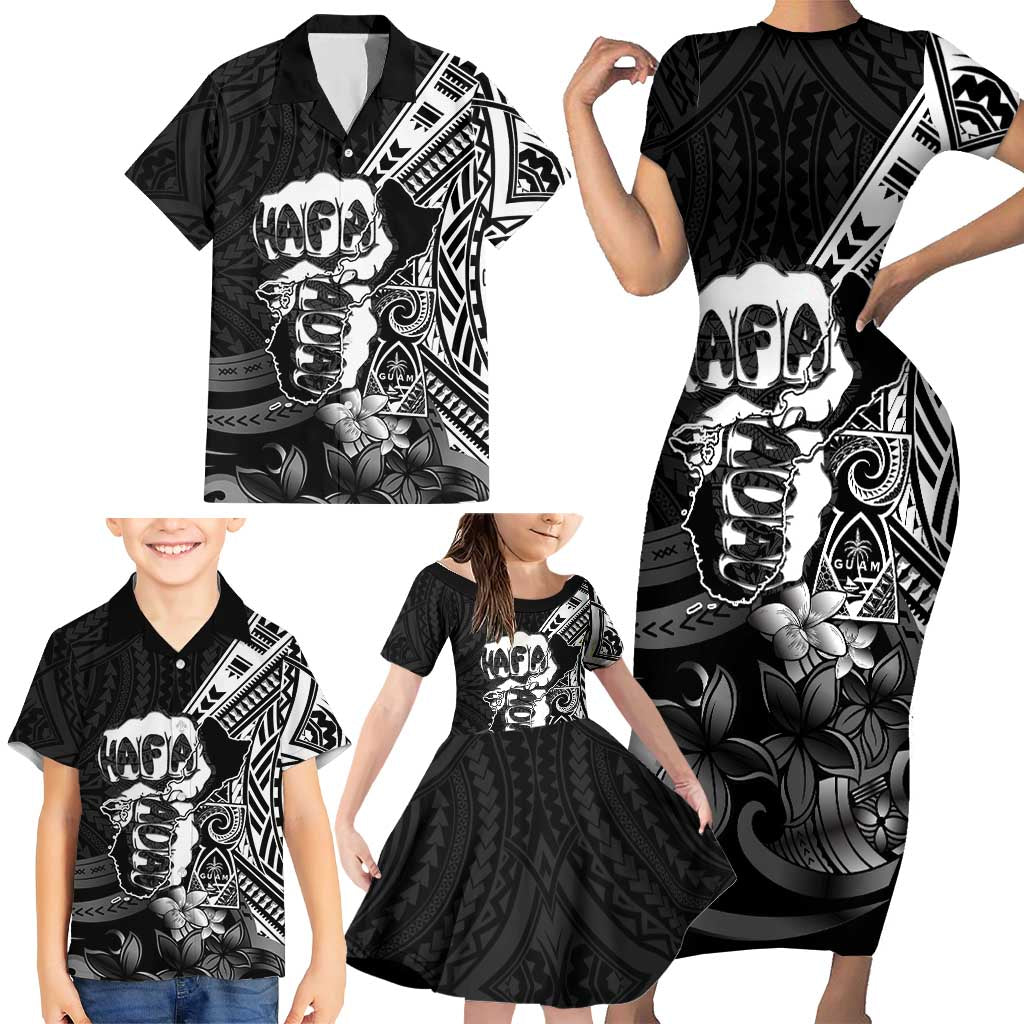 Hafa Adai Guam Discovery Day Family Matching Short Sleeve Bodycon Dress and Hawaiian Shirt Chamorro Latte Stone Hand Black Version