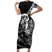 Hafa Adai Guam Discovery Day Family Matching Short Sleeve Bodycon Dress and Hawaiian Shirt Chamorro Latte Stone Hand Black Version