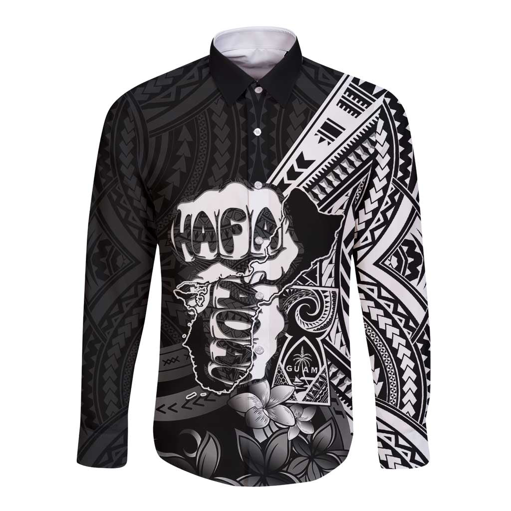 Hafa Adai Guam Discovery Day Long Sleeve Button Shirt Chamorro Latte Stone Hand Black Version