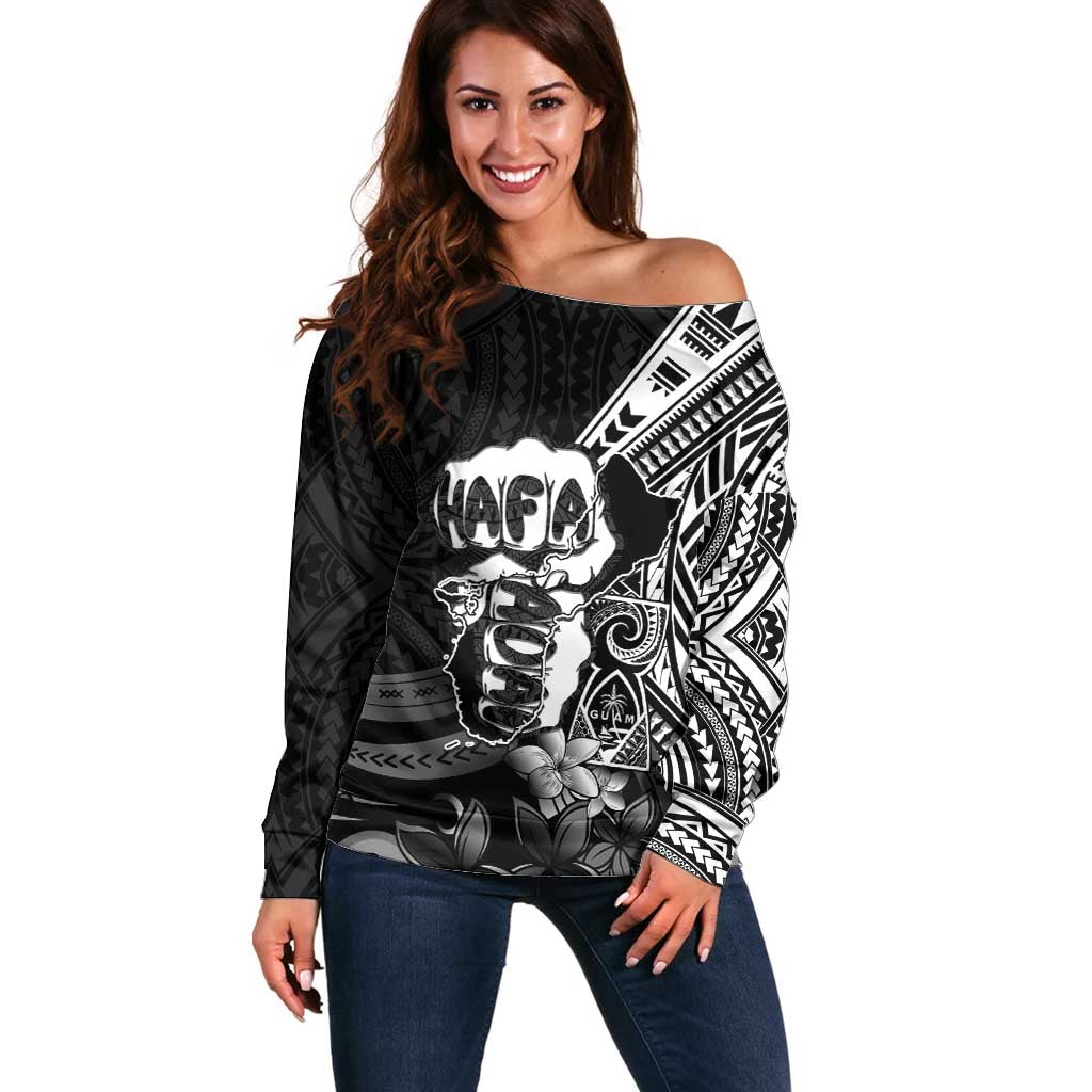 Hafa Adai Guam Discovery Day Off Shoulder Sweater Chamorro Latte Stone Hand Black Version