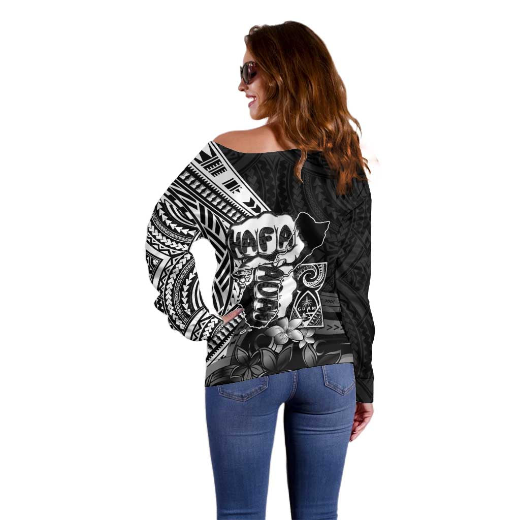 Hafa Adai Guam Discovery Day Off Shoulder Sweater Chamorro Latte Stone Hand Black Version