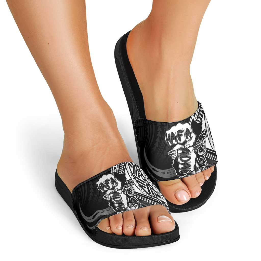 Hafa Adai Guam Discovery Day Slide Sandals Chamorro Latte Stone Hand Black Version