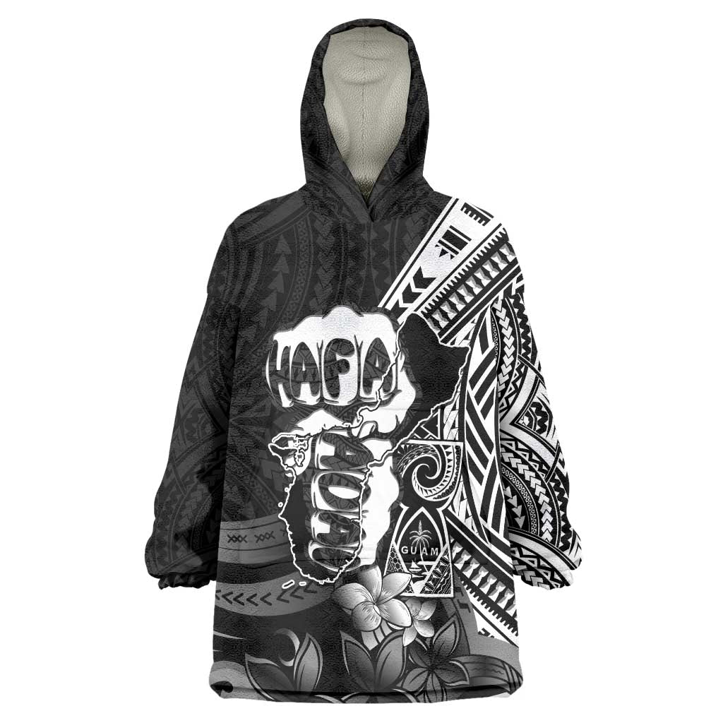 Hafa Adai Guam Discovery Day Wearable Blanket Hoodie Chamorro Latte Stone Hand Black Version