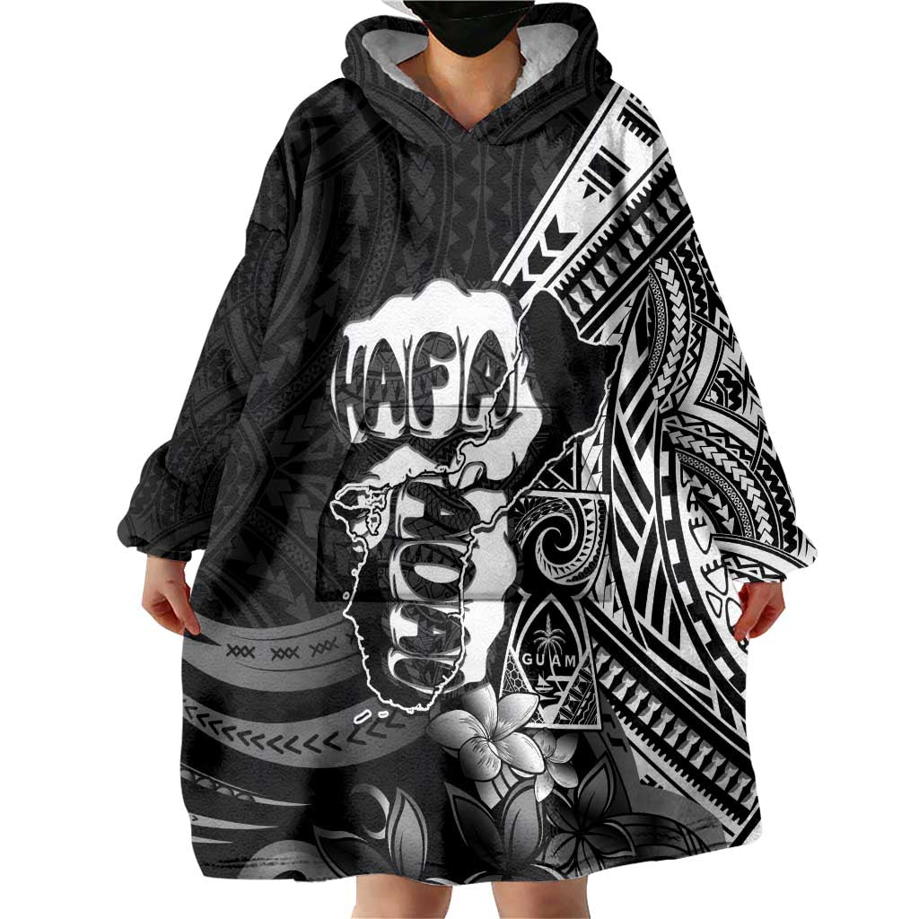 Hafa Adai Guam Discovery Day Wearable Blanket Hoodie Chamorro Latte Stone Hand Black Version