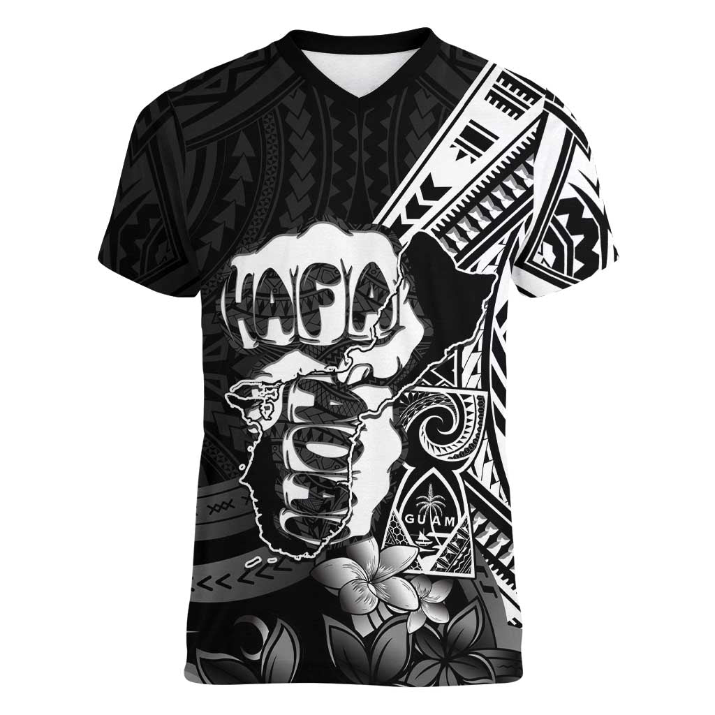 Hafa Adai Guam Discovery Day Women V-Neck T-Shirt Chamorro Latte Stone Hand Black Version