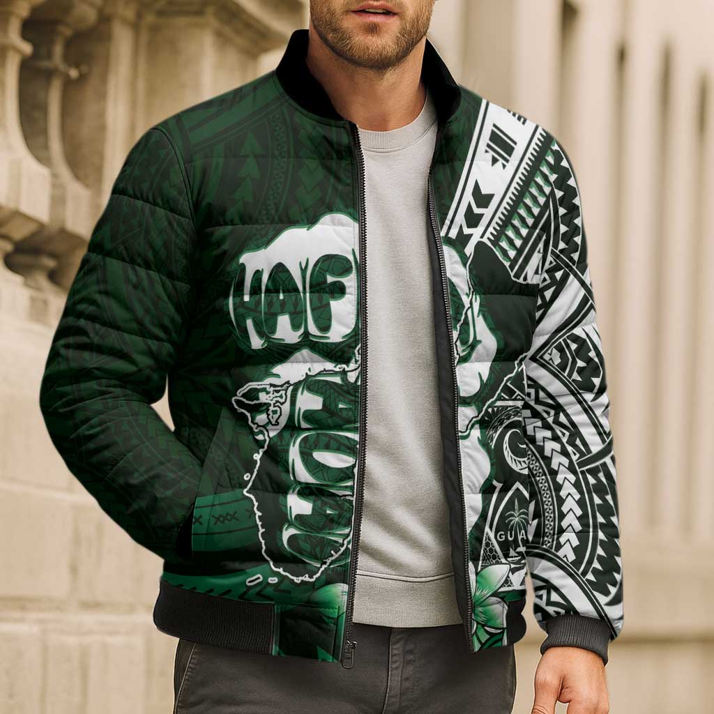 Hafa Adai Guam Discovery Day Bomber Puffer Jacket Chamorro Latte Stone Hand Green Version
