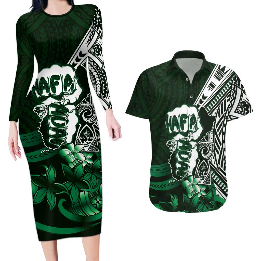 Hafa Adai Guam Discovery Day Couples Matching Long Sleeve Bodycon Dress and Hawaiian Shirt Chamorro Latte Stone Hand Green Version