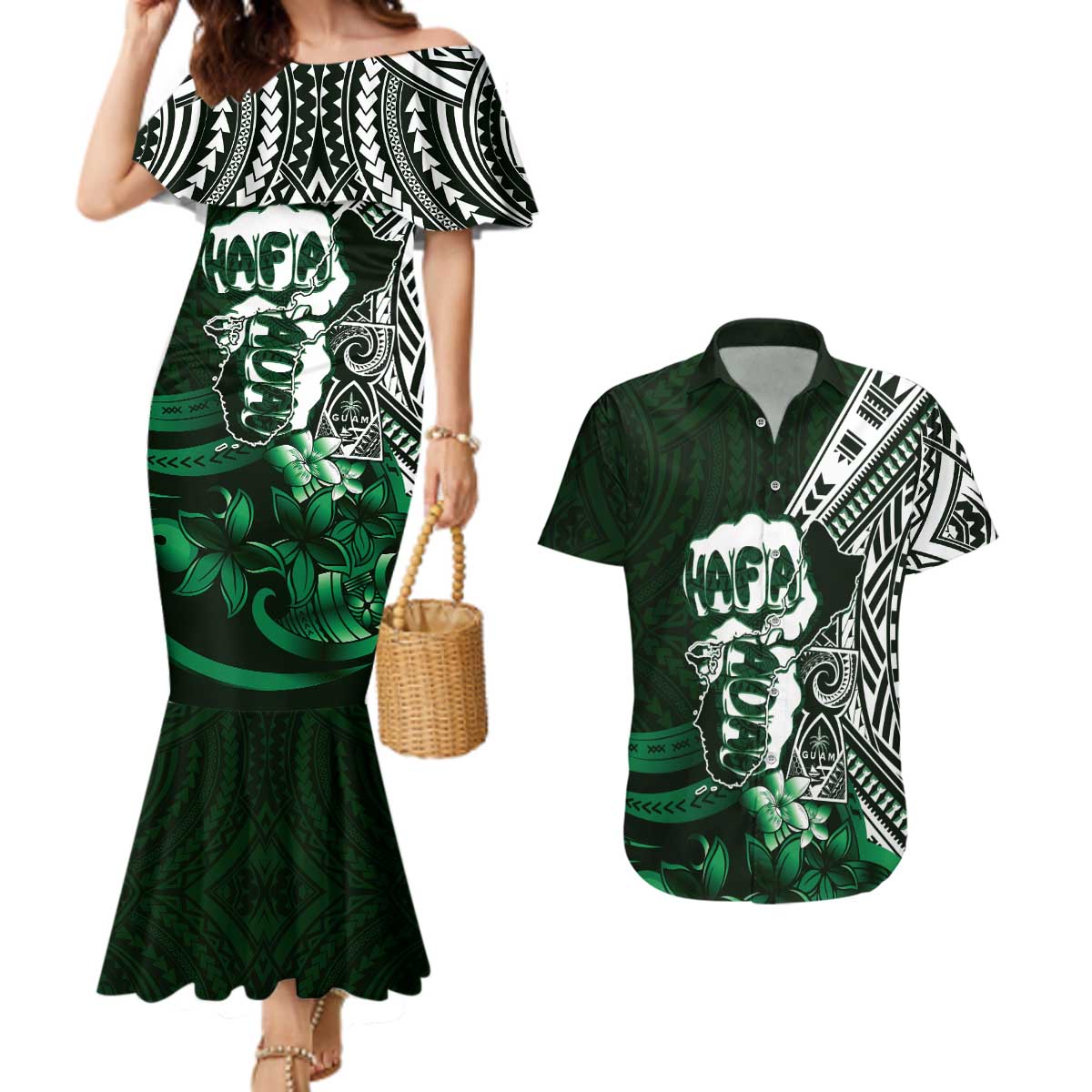 Hafa Adai Guam Discovery Day Couples Matching Mermaid Dress and Hawaiian Shirt Chamorro Latte Stone Hand Green Version