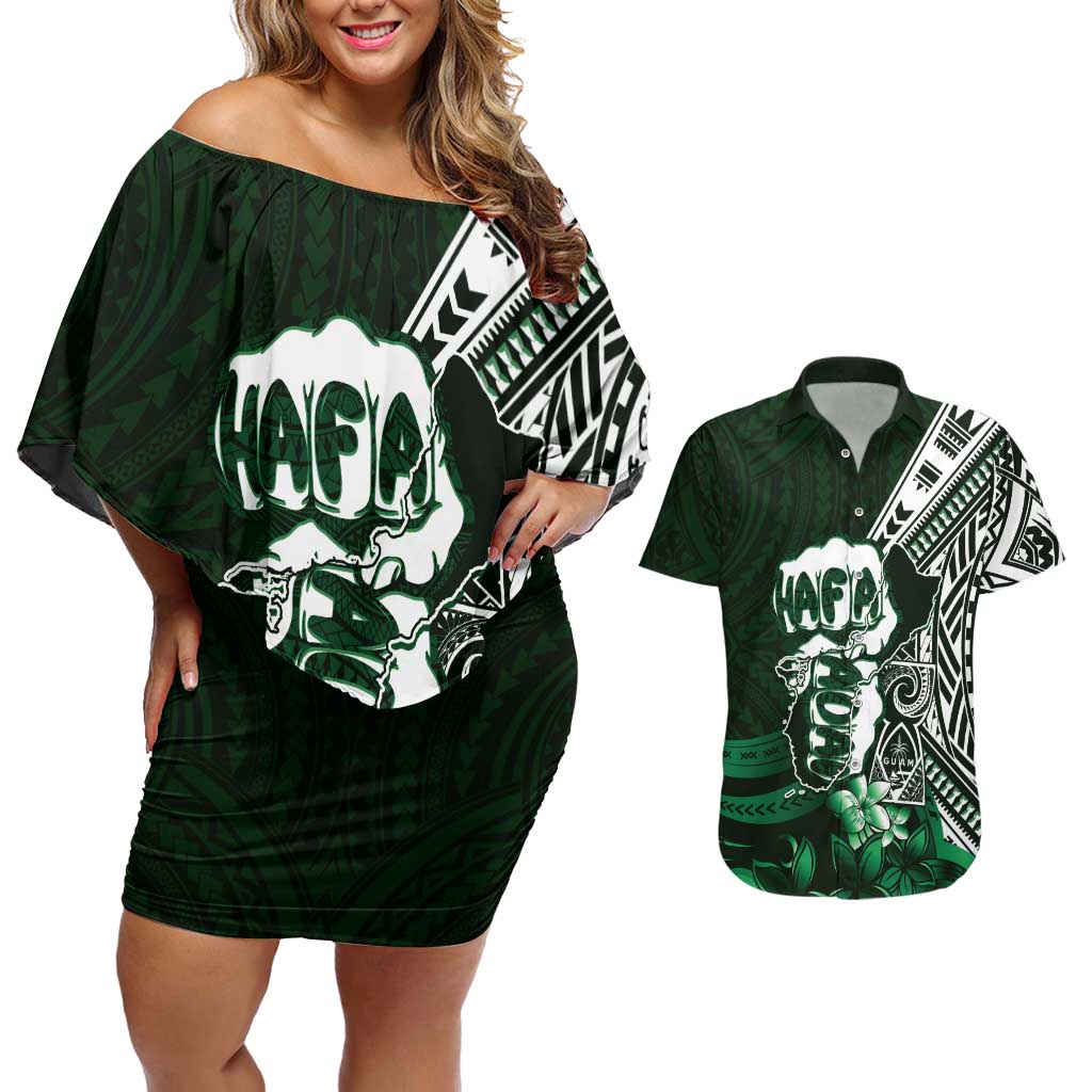 Hafa Adai Guam Discovery Day Couples Matching Off Shoulder Short Dress and Hawaiian Shirt Chamorro Latte Stone Hand Green Version LT14 Green - Polynesian Pride