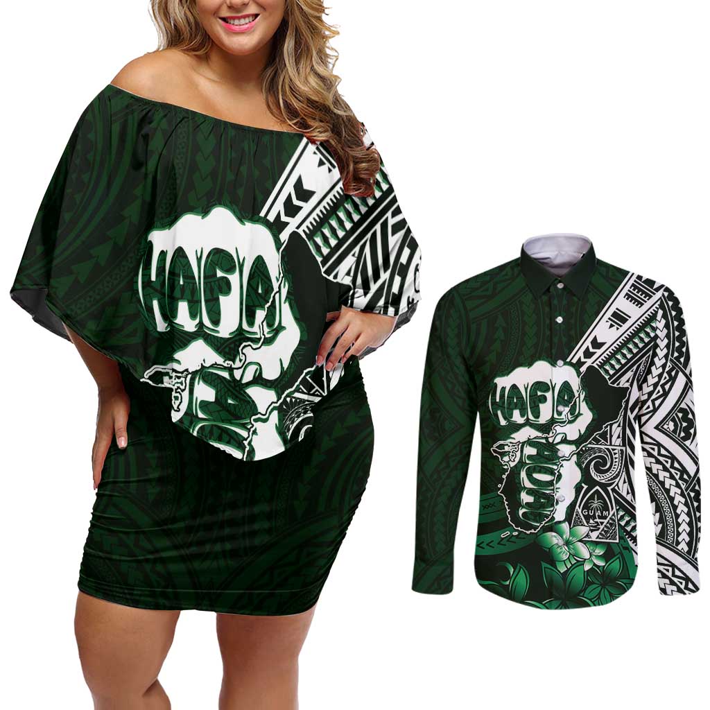 Hafa Adai Guam Discovery Day Couples Matching Off Shoulder Short Dress and Long Sleeve Button Shirt Chamorro Latte Stone Hand Green Version