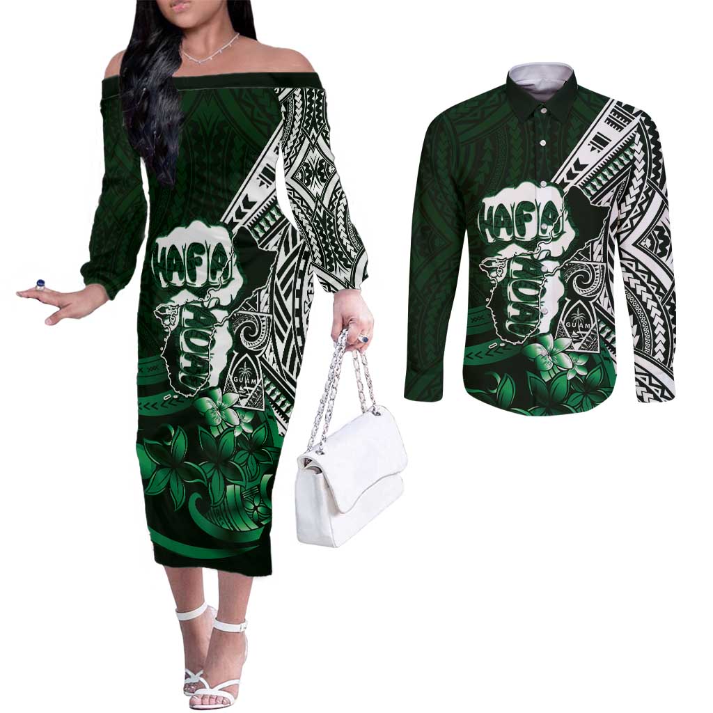 Hafa Adai Guam Discovery Day Couples Matching Off The Shoulder Long Sleeve Dress and Long Sleeve Button Shirt Chamorro Latte Stone Hand Green Version LT14 Green - Polynesian Pride