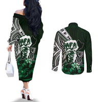 Hafa Adai Guam Discovery Day Couples Matching Off The Shoulder Long Sleeve Dress and Long Sleeve Button Shirt Chamorro Latte Stone Hand Green Version LT14 - Polynesian Pride