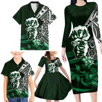 Hafa Adai Guam Discovery Day Family Matching Long Sleeve Bodycon Dress and Hawaiian Shirt Chamorro Latte Stone Hand Green Version