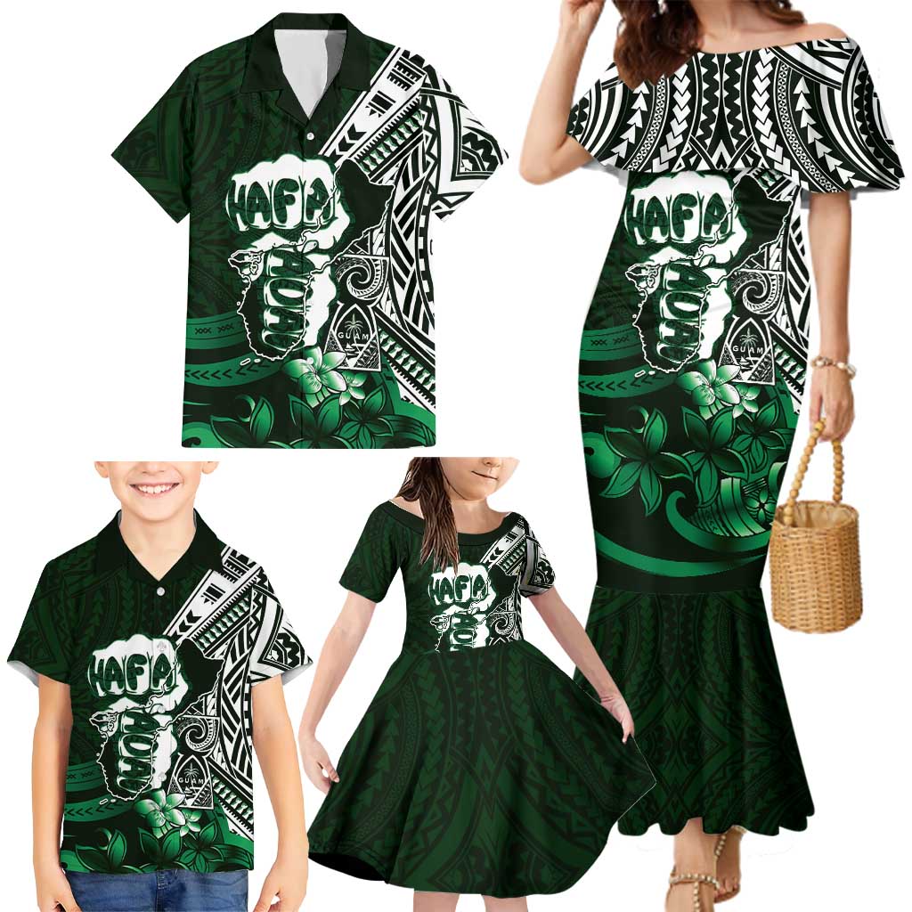 Hafa Adai Guam Discovery Day Family Matching Mermaid Dress and Hawaiian Shirt Chamorro Latte Stone Hand Green Version
