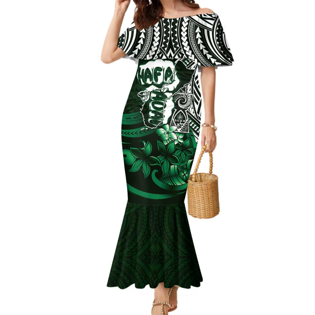 Hafa Adai Guam Discovery Day Family Matching Mermaid Dress and Hawaiian Shirt Chamorro Latte Stone Hand Green Version
