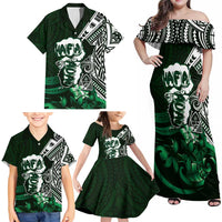 Hafa Adai Guam Discovery Day Family Matching Off Shoulder Maxi Dress and Hawaiian Shirt Chamorro Latte Stone Hand Green Version LT14 - Polynesian Pride