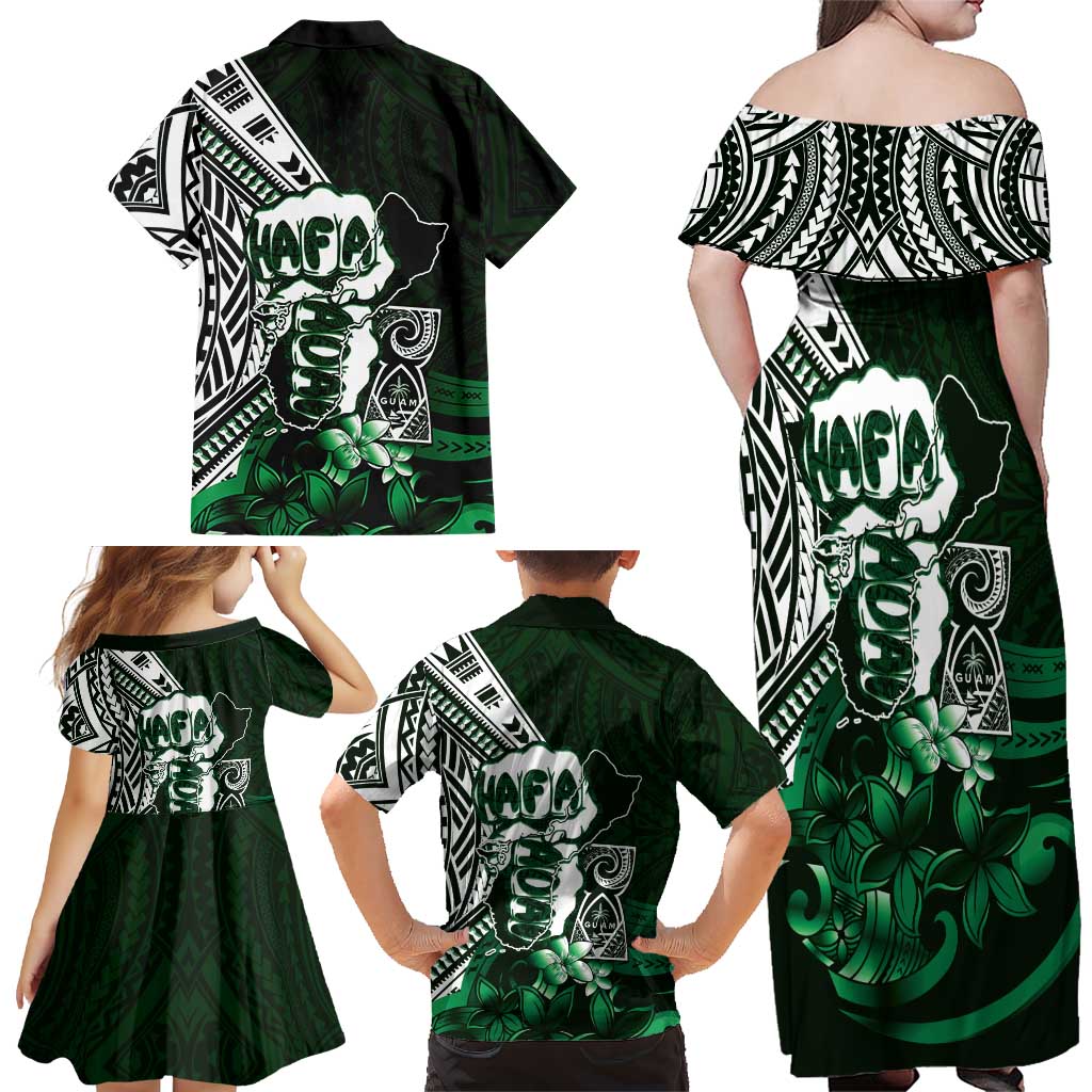 Hafa Adai Guam Discovery Day Family Matching Off Shoulder Maxi Dress and Hawaiian Shirt Chamorro Latte Stone Hand Green Version LT14 - Polynesian Pride