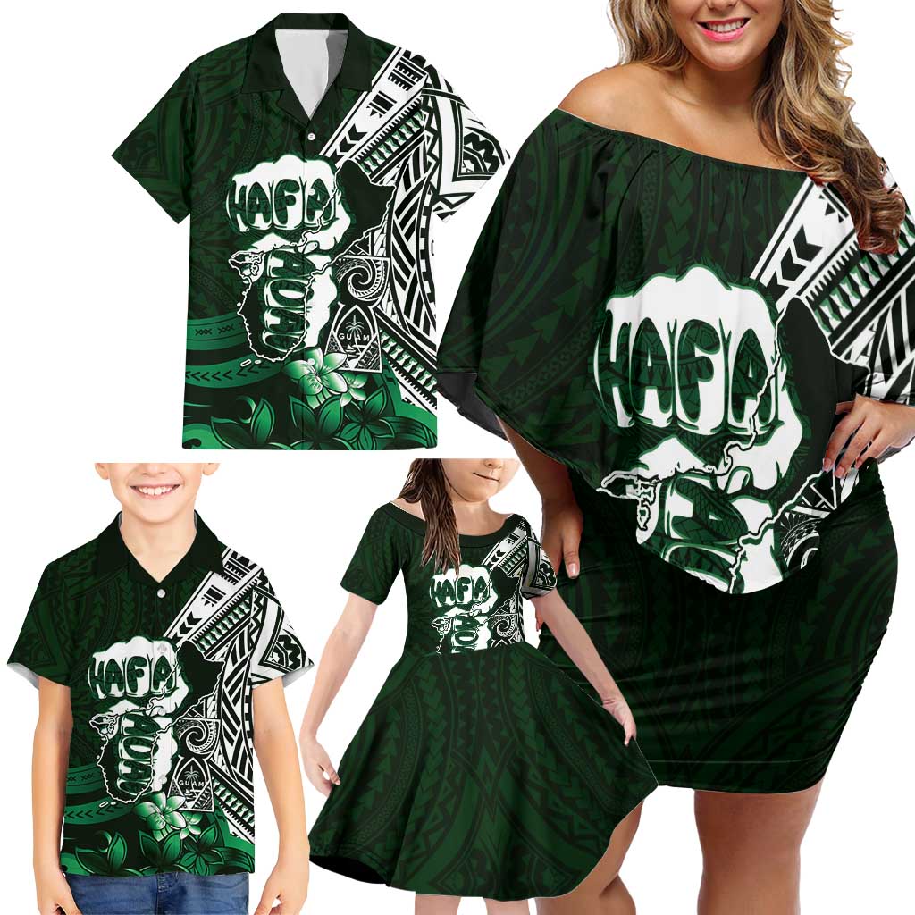 Hafa Adai Guam Discovery Day Family Matching Off Shoulder Short Dress and Hawaiian Shirt Chamorro Latte Stone Hand Green Version
