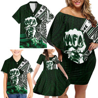 Hafa Adai Guam Discovery Day Family Matching Off Shoulder Short Dress and Hawaiian Shirt Chamorro Latte Stone Hand Green Version LT14 - Polynesian Pride