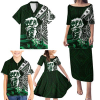 Hafa Adai Guam Discovery Day Family Matching Puletasi and Hawaiian Shirt Chamorro Latte Stone Hand Green Version LT14 - Polynesian Pride