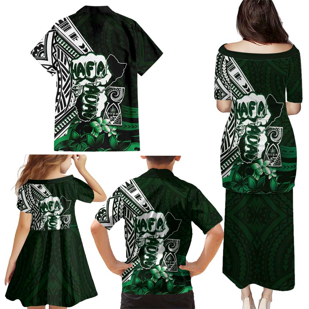 Hafa Adai Guam Discovery Day Family Matching Puletasi and Hawaiian Shirt Chamorro Latte Stone Hand Green Version LT14 - Polynesian Pride