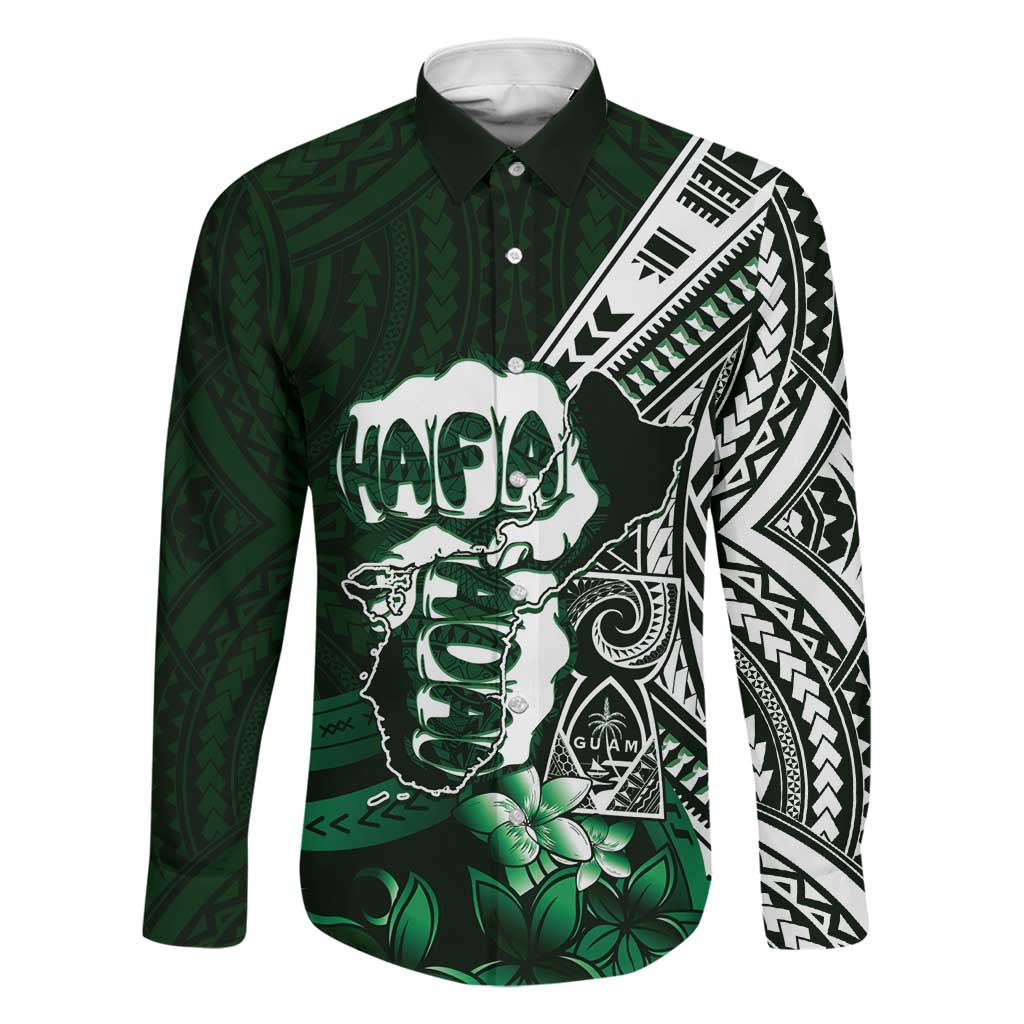 Hafa Adai Guam Discovery Day Family Matching Puletasi and Hawaiian Shirt Chamorro Latte Stone Hand Green Version LT14 Dad's Shirt - Long Sleeve Green - Polynesian Pride