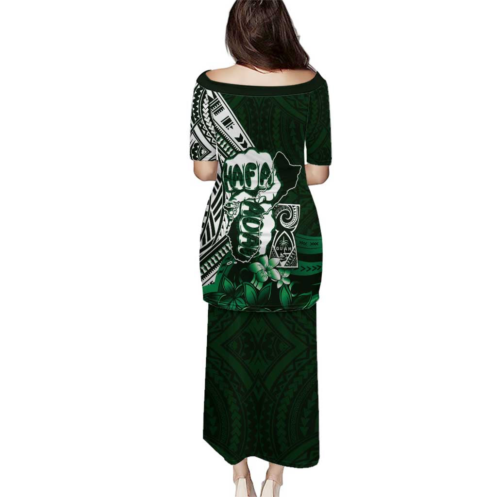 Hafa Adai Guam Discovery Day Family Matching Puletasi and Hawaiian Shirt Chamorro Latte Stone Hand Green Version LT14 - Polynesian Pride