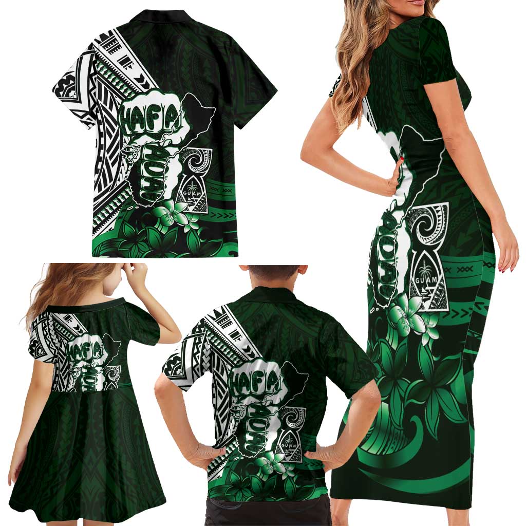 Hafa Adai Guam Discovery Day Family Matching Short Sleeve Bodycon Dress and Hawaiian Shirt Chamorro Latte Stone Hand Green Version