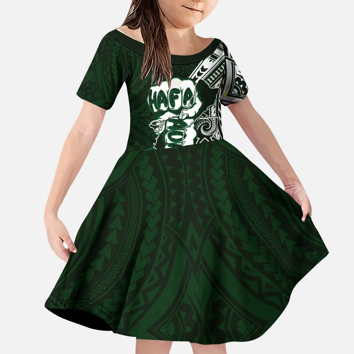Hafa Adai Guam Discovery Day Kid Short Sleeve Dress Chamorro Latte Stone Hand Green Version